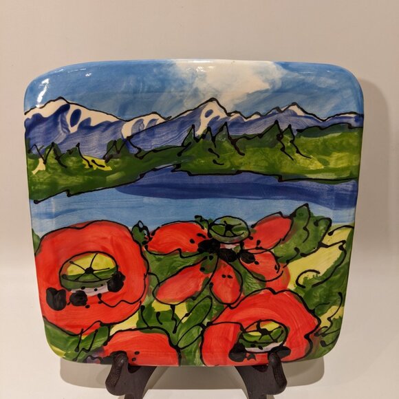 Hand-Painted Decorative Plate – Double-Sided Art – Mountain, River & Poppies - Picture 2 of 5
